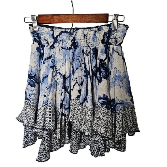 Desigual Small Skirt Blue Boho Cottagecore Fairy Bird Print Mini Ruffle PullOn - Picture 1 of 6